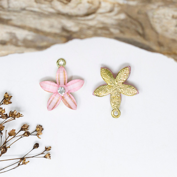 Gold Plated Micro Pave Resin 21mm Pink Flower Charm