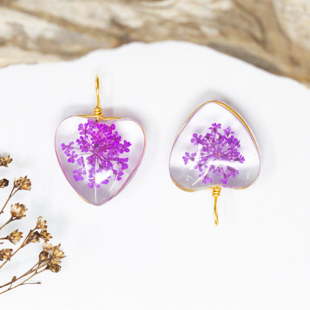 Purple Flowers in Glass 20mm Heart Pendant