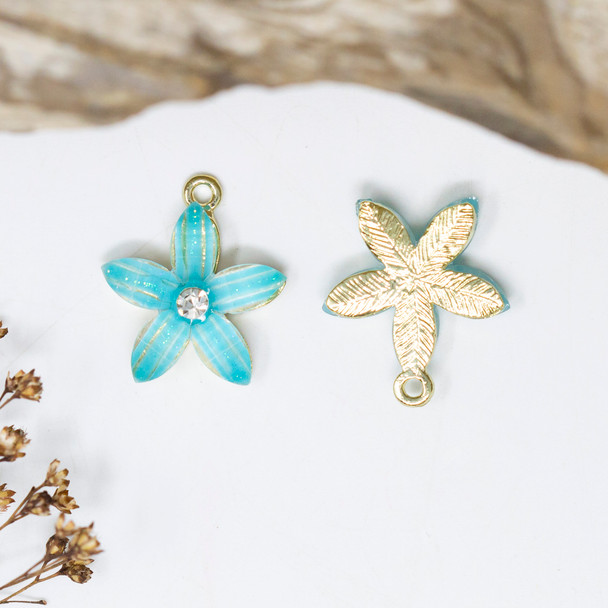 Gold Plated Micro Pave Resin 21mm Aqua Flower Charm