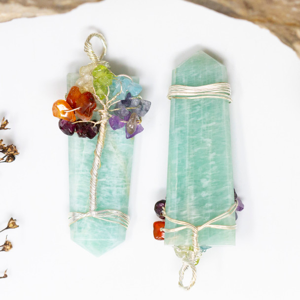 Amazonite with Chakra Chips  Polished 50x18-12mm Wire Wrapped Tree of Life Pendant