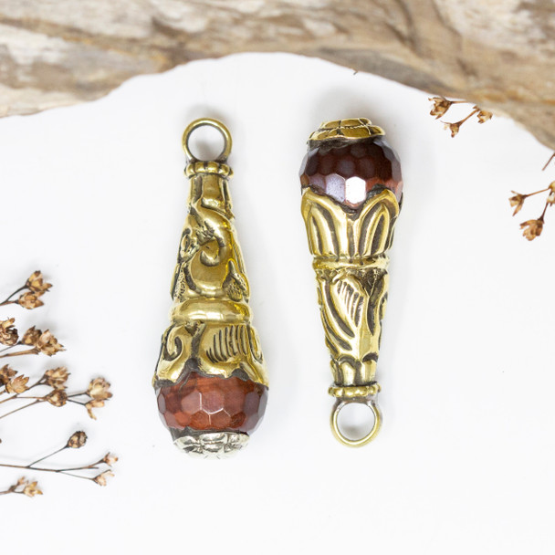 Gold Plated Tibetan Silver Red Tiger Eye 14x40mm Drop Pendant