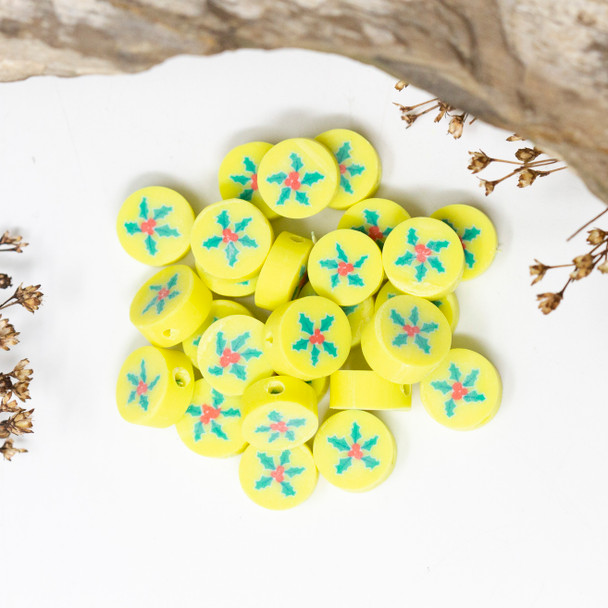 Polymer Clay 10mm Yellow Holly Flat Round