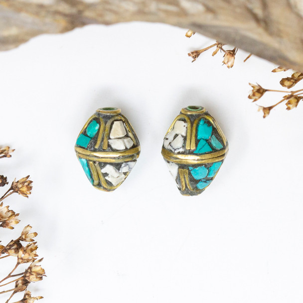Turquoise & Conch Shell 14x11mm Brass Inlaid Bicone Bead - Sold Individually