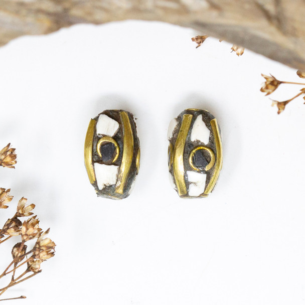 Conch Shell 12x6mm Brass Inlaid Rice Bead - Sold Individually