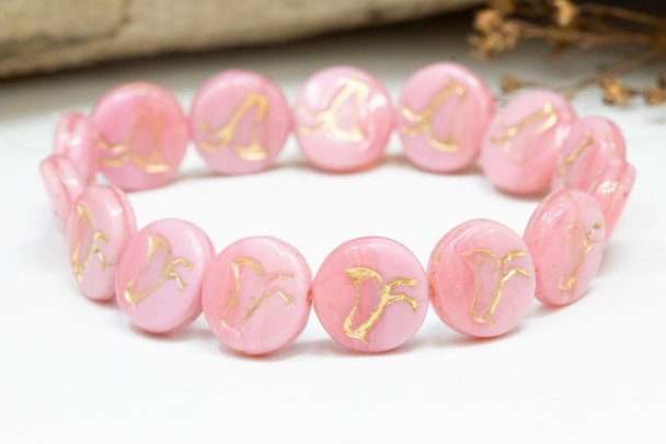 Czech Glass 12mm Bird Coin - Opaque Pink Silk Two Tone with Gold Wash