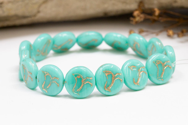 Czech Glass 12mm Bird Coin - Opaque Turquoise Green with Rose Gold Wash