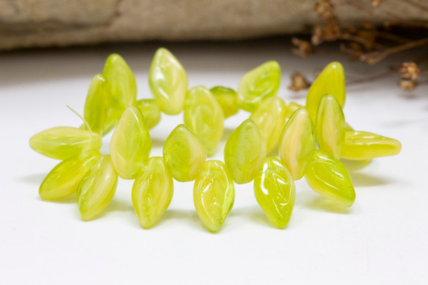 Czech Glass 12x8mm Medium Leaf Beads - Olivine Ivory Mix Transparent / Opaque