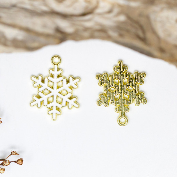 Gold Plated Enamel 22x25mm White Snowflake Charm