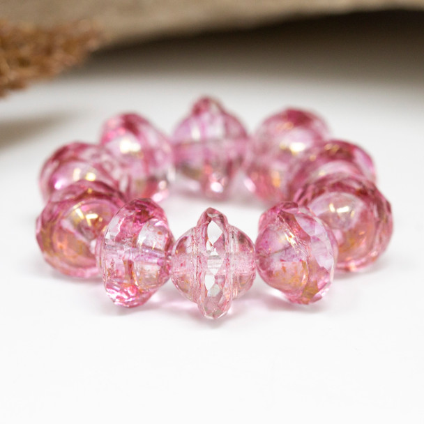 Czech Glass 8x10mm Saturn - Crystal Transparent Raspberry Pink Gold Luster