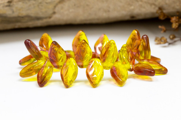Czech Glass 12x8mm Medium Leaf Beads - Fuchsia Yellow Transparent Mix