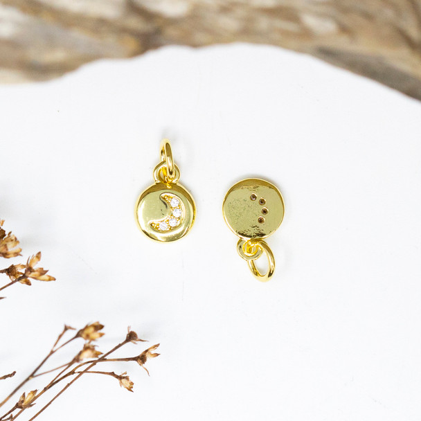 Gold Plated Micro Pave 7mm Moon Coin Charm