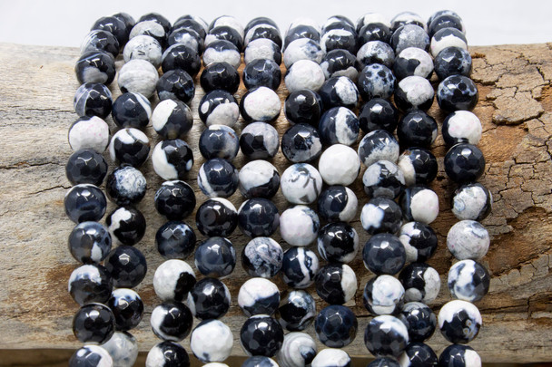 Fire Agate Polished 8mm Faceted Round - Black / White