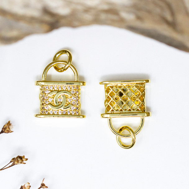 Gold Plated Micro Pave 12x14mm CC Lock Charm