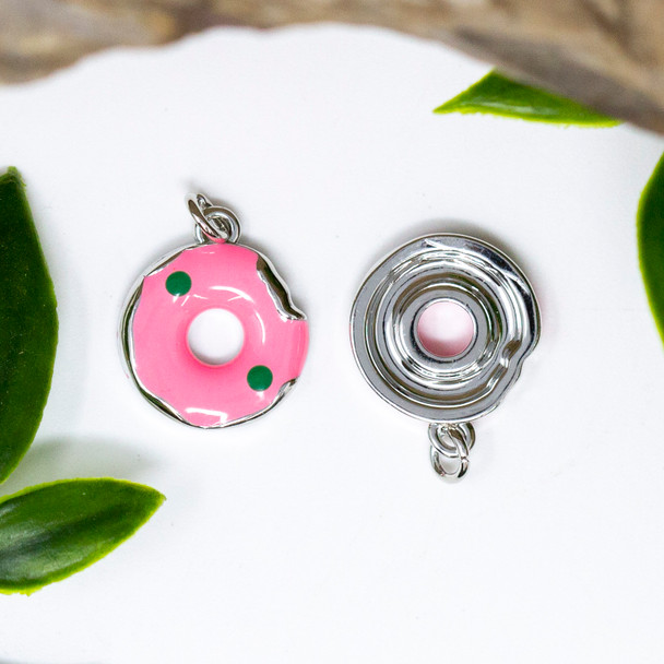 Silver Plated Enamel 14mm Pink Donut Charm