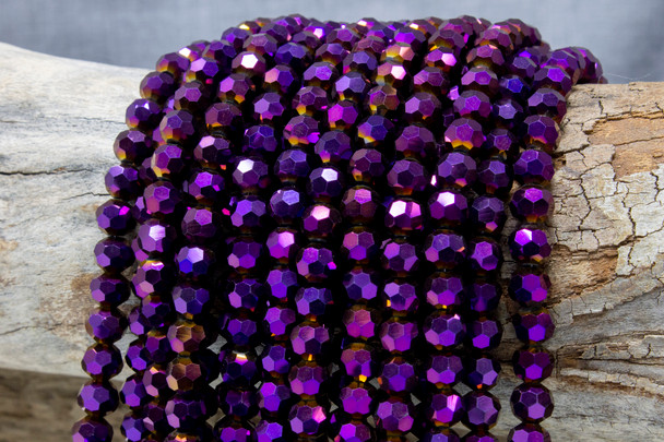 Glass Crystal Polished 8mm Faceted Round - Metallic Purple