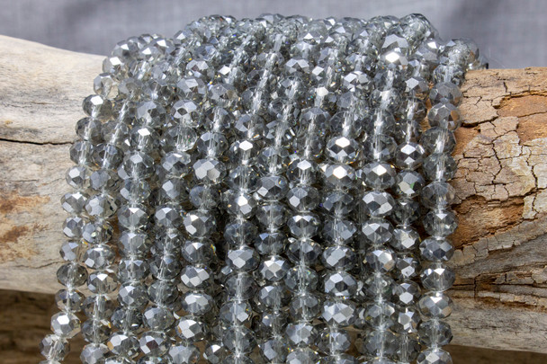 Glass Crystal Polished 6x8mm Faceted Rondel - 1/2 Coated Transparent Grey
