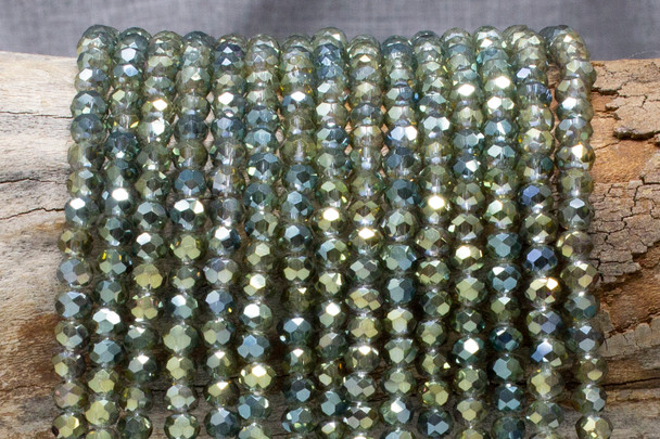Glass Crystal Polished 4x6mm Faceted Rondel - Green Iris