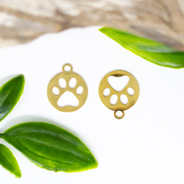 18K Gold Plated Stainless Steel 12mm Paw Print Disc Charm