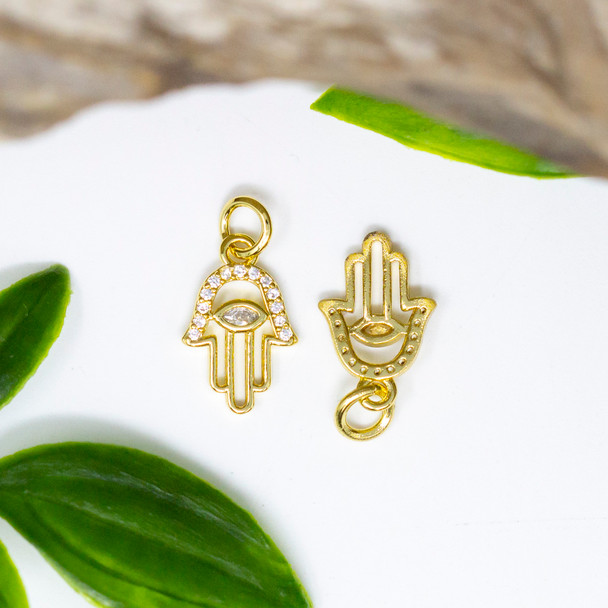 Gold Plated Micro Pave 10x14mm Hamsa Eye Charm