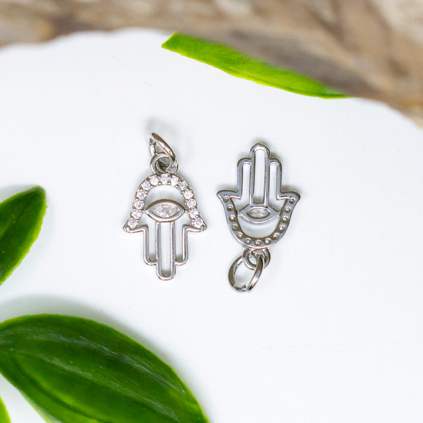 Silver Plated Micro Pave 10x14mm Hamsa Eye Charm