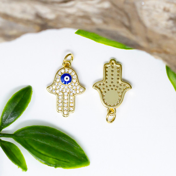 Gold Plated Micro Pave Enamel 20x14mm Hamsa Eye Charm