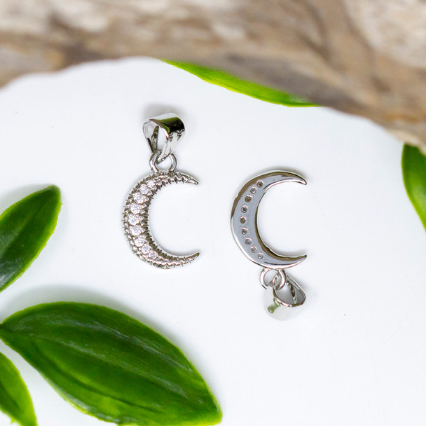 Silver Plated Micro Pave 15x9mm Crescent Moon Charm