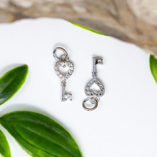 Silver Plated Micro Pave 14x7mm Heart Key Charm