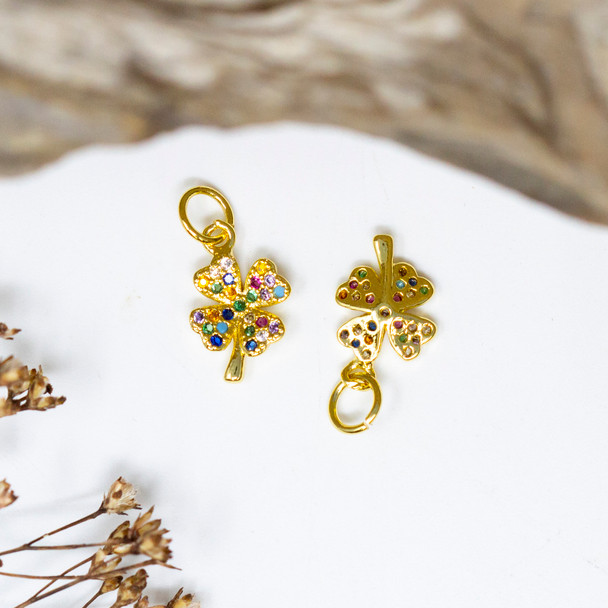 Gold Plated Micro Pave 7x12mm 4 Leaf Clover Charm
