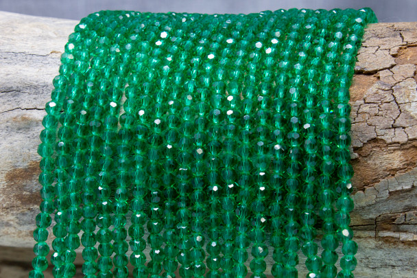 Glass Crystal Polished 3mm Faceted Round - Transparent Emerald Green