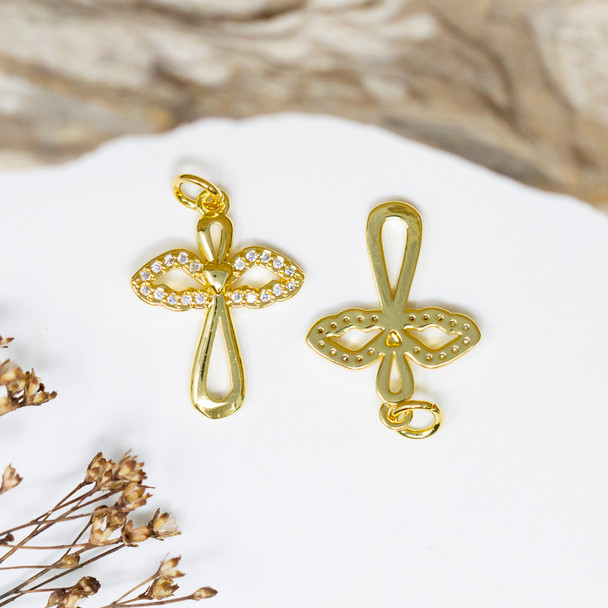 Gold Plated Micro Pave 16x19mm Angel Cross Charm