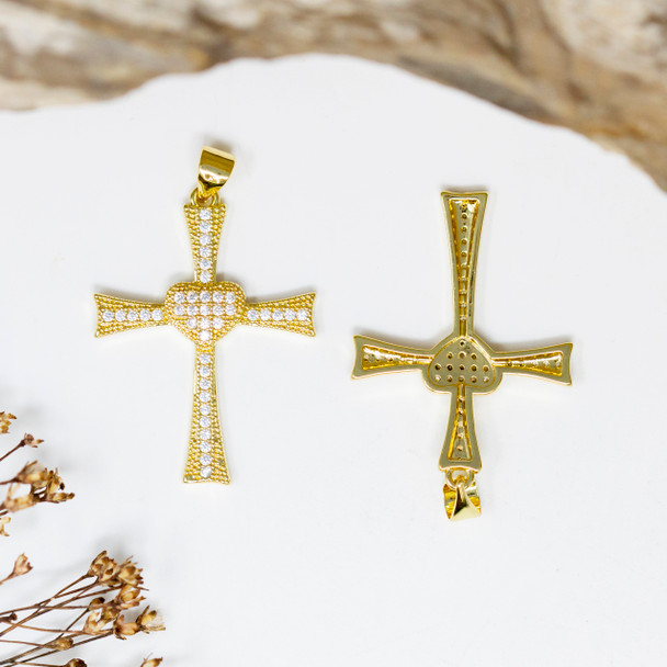 Gold Plated Micro Pave 23x29mm Heart Cross Charm