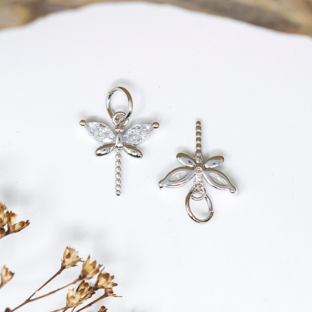 Silver Plated Micro Pave 12x10mm Dragonfly Charm