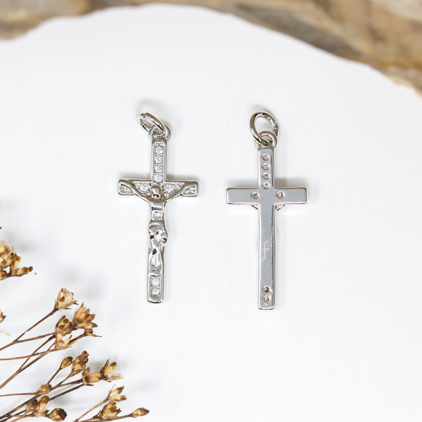 Silver Plated Micro Pave 24x11mm Crucifix Cross Charm