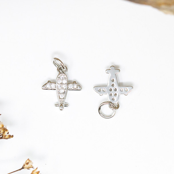 Micro Pave Silver 9x11mm Airplane Charm