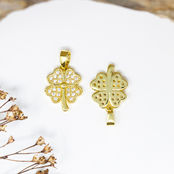 Gold Plated Micro Pave 10x13mm 4 Leaf Clover Charm