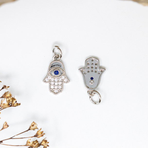 Silver Plated Micro Pave 7x11mm Hamsa Hand Charm