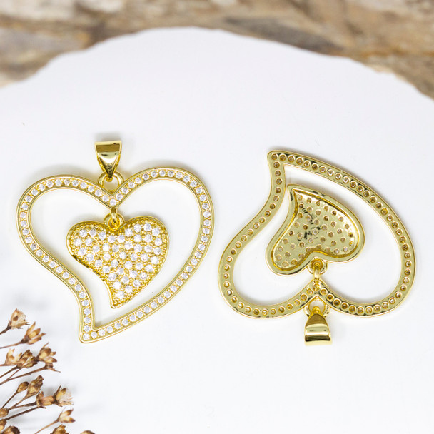 Gold Plated Micro Pave 25x30mm Hanging Heart Pendant