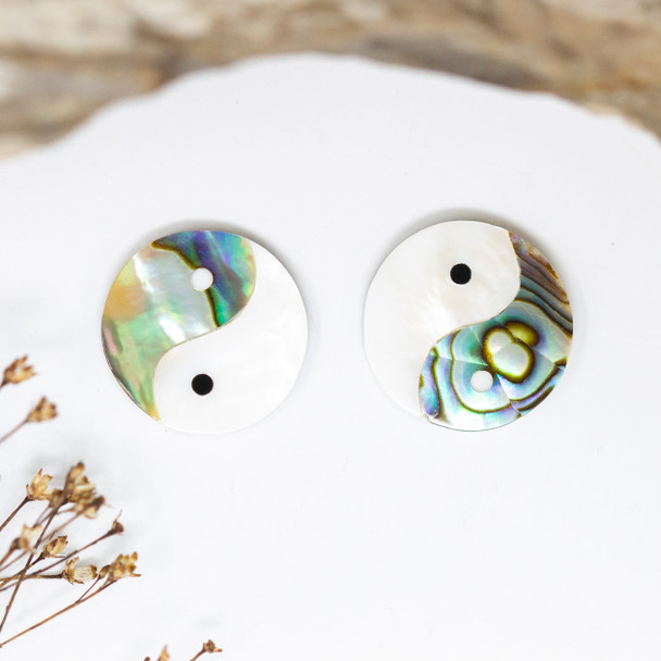 Abalone, Mother of Pearl Polished 20mm Inlaid Double Sided Yin Yang Coin Bead