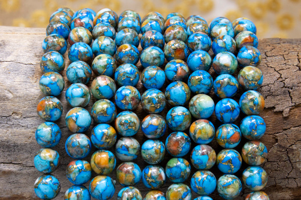 Turquoise, Spiny Oyster, Pyrite Reconstructed Polished 8mm Round - Enhanced