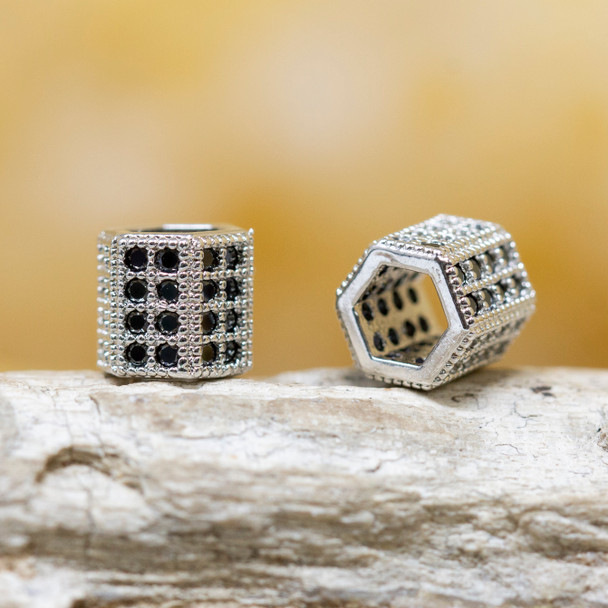 Silver Plated Micro Pave 8x7mm Black Hexagon Bead