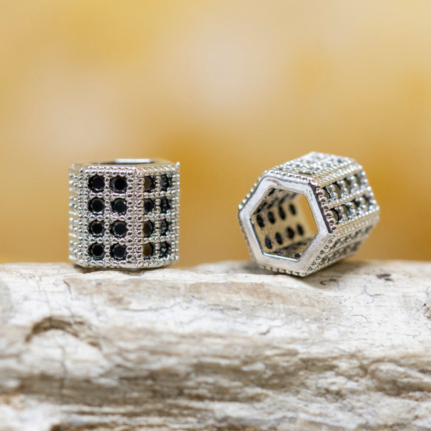 Micro Pave 8x7mm Silver / Black Hexagon Bead