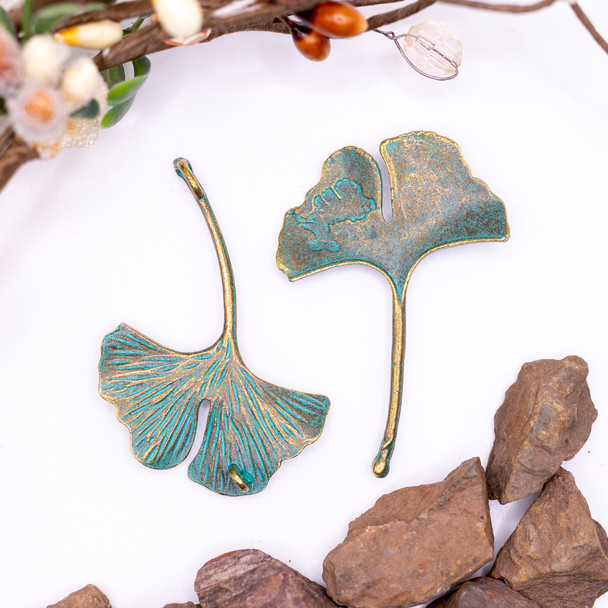 Green Patina Antique Brass Plated Alloy 48x33mm Ginkgo Leaf Pendant