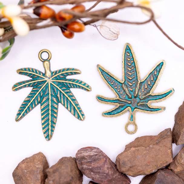 Alloy Green Patina Antique Brass 38x32mm Hemp / Pot / Weed Leaf Pendant