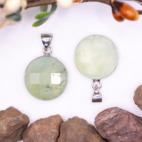 Prehnite Polished 16mm Faceted Coin Pendant