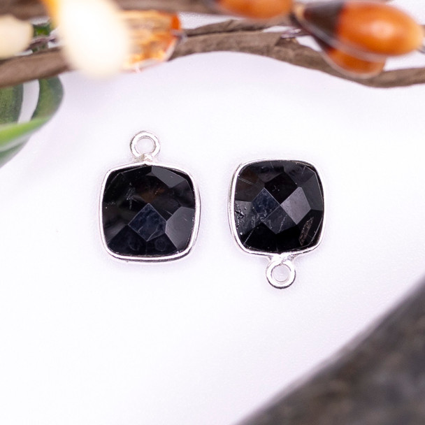 Black Onyx Polished Sterling Silver 9mm Faceted Square Charm