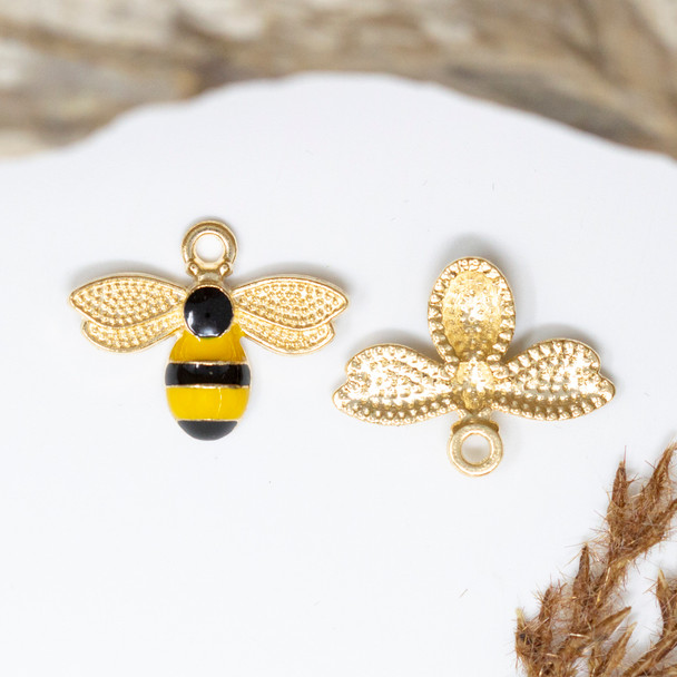 Gold Plated Enamel 17x22mm Yellow and Black Bee Charm