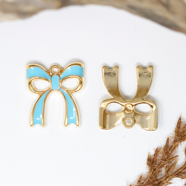 Gold Plated Enamel 10x17mm Blue Bow Charm