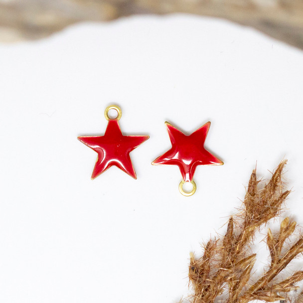 Gold Plated Enamel 10mm Red Star Charm