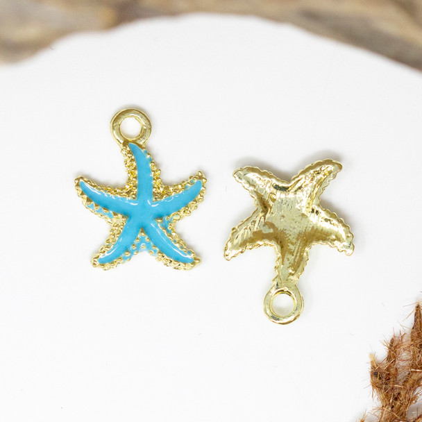 Gold Plated Enamel 14mm Blue Star Fish Charm