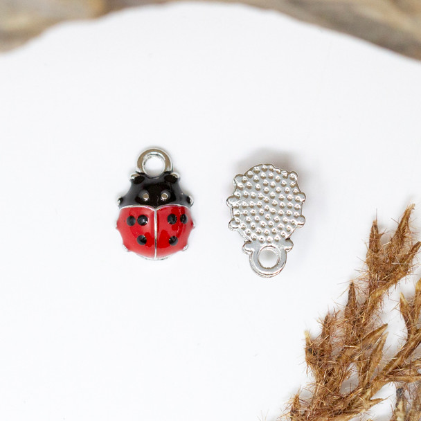 Silver Plated Enamel 12x9mm Red Ladybug Charm